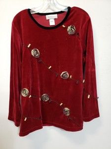 Susan Bristol Vintage Velour Rose Applique Red sz Lg Long Sleeve beads